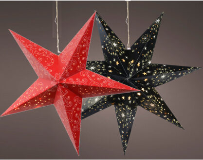 Decoris Verlichte kerststerren - 2x st - rood en zwart - 60 cm - papier - op batterijen