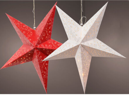 Decoris Verlichte kerststerren - 2x st - wit en rood - 60 cm - papier - op batterijen