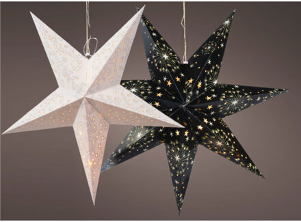 Decoris Verlichte kerststerren - 2x st - wit en zwart - 60 cm - papier - op batterijen