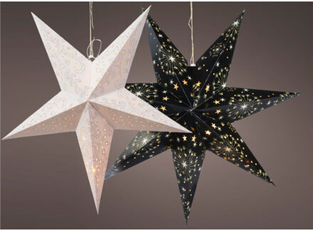 Decoris Verlichte kerststerren - 2x - wit en zwart -60 cm -papier - batterijen - Kerststerren