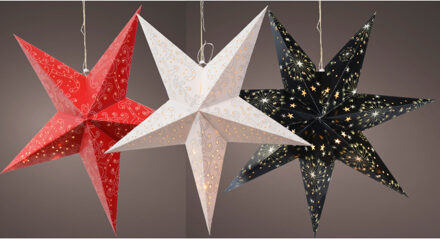 Decoris Verlichte kerststerren - 3x st - rood, wit en zwart - 60 cm - papier - op batterijen