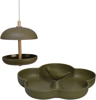 Decoris Vogel voedersilo met vogelbad - bamboe hout - donkergroen