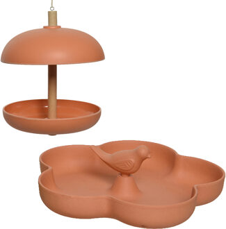 Decoris Vogel voedersilo met vogelbad - bamboe hout - zalmroze