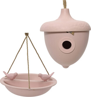Decoris Vogelhuisje en voederschaal/vogelbadje - lichtroze - bamboe - nestkastje