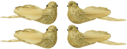 Decoris vogels op clip - 4x st - goud - 4 x 11 x 4,5 cm - foam - kerstboomversiering