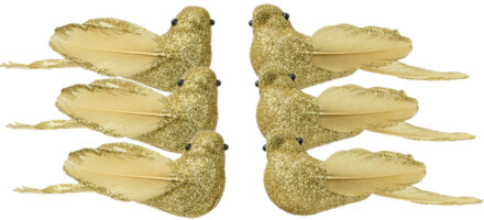 Decoris vogels op clip - 6x st - goud - 4 x 11 x 4,5 cm - foam - kerstboomversiering