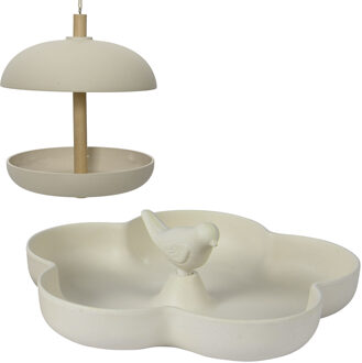 Decoris vogelvoer set - voedersilo met vogelbad - bamboe hout - beige - Vogelvoederhuisjes