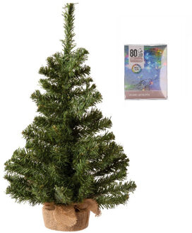Decoris Volle kerstboom in jute zak 60 cm inclusief gekleurde kerstverlichting
