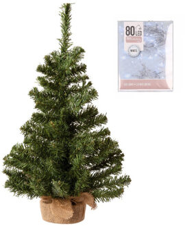 Decoris Volle kerstboom in jute zak 60 cm inclusief helder witte kerstverlichting