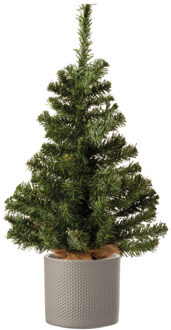 Decoris Volle mini kerstboom groen in jute zak 60 cm inclusief taupe pot