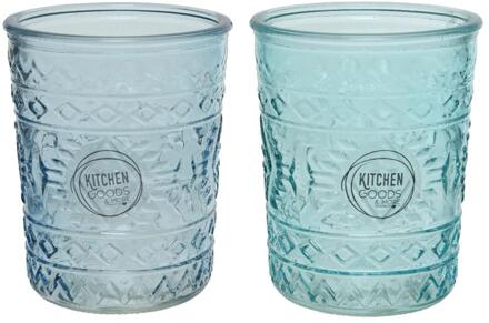 Decoris Waterglas 400ml Van Glas In Blauwe Tinten Dia.6,3x10,3cm 2 Assorti