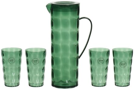 Decoris Waterkan/karaf set incl. 4 bekers - 1,7L - kunststof - groen - Schenkkannen