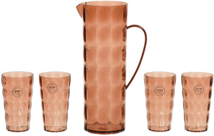 Decoris Waterkan/karaf set incl. 4 bekers - 1,7L - kunststof - terra bruin