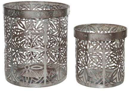 Decoris Waxinelicht houders set - 2x - metaal - grijs - bloemenpatroon - Windlichtjes - kaarsenhoude