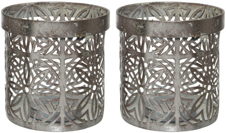 Decoris Waxinelicht houders set - 4x - metaal - grijs - bloemenpatroon - Windlichtjes - kaarsenhoude