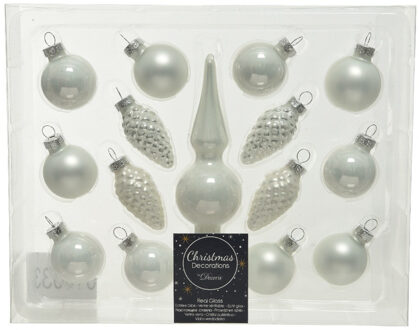Decoris Winter witte glazen kerstballen 3 cm en piek set voor mini kerstboom 15-dlg