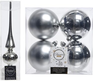 Decoris Zilveren kerstversiering/kerstdecoratie set piek en 4x kerstballen 10 cm glans/mat - Kerstbal Zilverkleurig