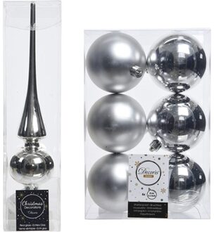 Decoris Zilveren kerstversiering/kerstdecoratie set piek en 6x kerstballen 8 cm glans/mat - Kerstbal Zilverkleurig