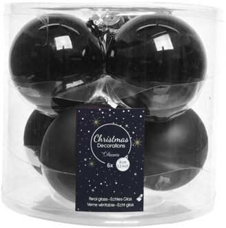 Decoris Zwarte kerstversiering kerstballenset 6x stuks van glas 8 cm