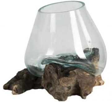Decowood Glass A Round 10x10 cm ronde glazen vaas op boomstronk S decoratie bruin, transparant