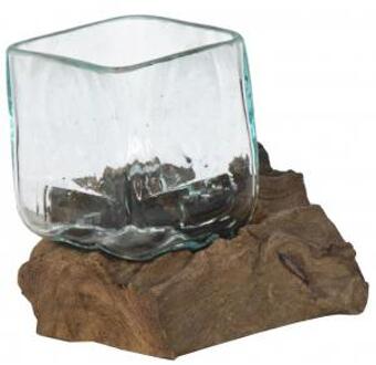 Decowood Glass F Square 10x10 cm vierkante glazen vaas op boomstronk S decoratie bruin, transparant