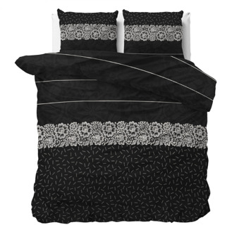 Dekbedovertrek Dervio - Antraciet - Tweepersoons (200x200 Cm) - Antraciet Polyester-katoen - Strepen & Bloemen - Sleeptime Elegance - Dekbed-Discounter.nl - 200 x 200/220 cm