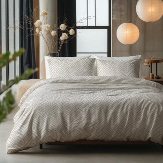 Dekbedovertrek Katoen - Ethnic - Tweepersoons (200x200 Cm) - Beige & Wit Katoen - Abstract - Sleeptime Pure - Dekbed-Discounter.nl