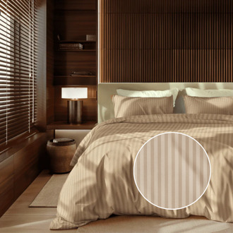 Dekbedovertrek Katoen-Satijn - Satijnstreep - Taupe - Tweepersoons (200x200 Cm) - Blauw Katoen-satijn Katoen - Strepen & Hotel Luxe - Presence - Dekbed-Discounter.nl - 200 x 200/220 cm