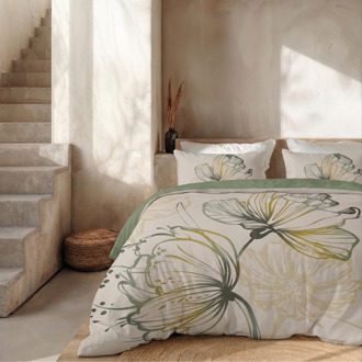 Dekbedovertrek Percale Katoen - Desert Flower - Lits-Jumeaux XL (260x200 Cm) - Wit & Groen Percale Katoen - Effen - Presence - Dekbed-Discounter.nl