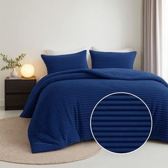 Dekbedovertrek Teddy Rib - Navy - Tweepersoons (200x200 Cm) - Navy Microvezel Teddy - Strepen - Fresh And Co - Dekbed-Discounter.nl