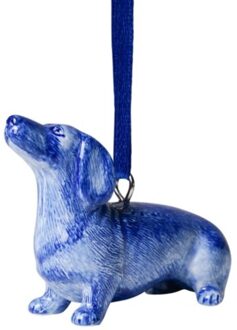 delfts blauw kerstornament - teckel nhaan zittend