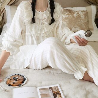 Delicate Zachte Katoenen Vrouwen Casual Witte Boog Vintage Prinses Koninklijke Pyjama Sets Vrouwelijke Losse Leuke Nachtkleding Plus Size Nachtjapon Xl