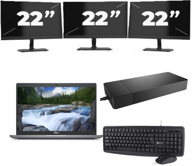 Dell Latitude 5340 - Intel Core i3-13e Generatie - 13 inch - 8GB RAM - 256GB SSD - Windows 11 Home + 3x 22 inch Monitor