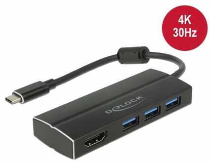 Delock Premium USB-C naar HDMI en 3x USB-A adapter met DP Alt Mode (4K 30 Hz) / zwart - 0,15 meter