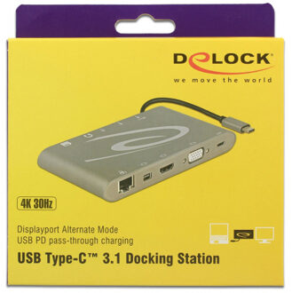 Delock Premium USB-C naar HDMI, Mini DisplayPort, VGA, 3,5mm, RJ45, USB-A en USB-C docking station met kaartlezer en DP Alt Mode / grijs - 0,15 meter