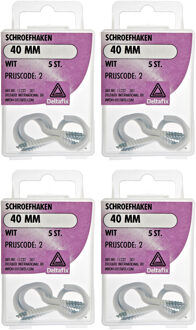 Deltafix Schroefhaken - 20x - verzinkt metaal - wit - 40 mm - ijzerwaren