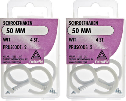 Deltafix Schroefhaken - 8x - verzinkt metaal - wit - 50 mm - ijzerwaren