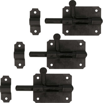 Deltafix schuifslot/plaatgrendel - 3x - 8 x 5cm - staal - zwart - deur - schutting - hek