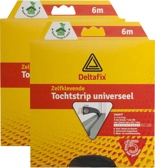 Deltafix Tochtstrip - 2x - tochtwering - zwart - zelfklevend - universeel - 6 m x 9 mm x 7 mm