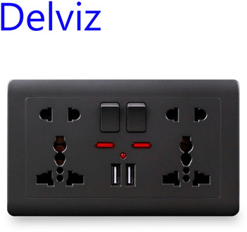 Delviz EU Standard Usb Socket, Gray Embedded Panel,2.1A Dual USB Port, AC 110-250V, UK Wall Power Socket Universal 5 Hole Outlet