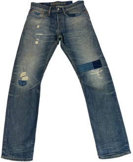 Denham Destroyed Straight Fit Donkerblauwe Jeans met Knoopsluiting Denham , Blue , Heren - W33 L32,W31 L32,W34 L32,W32 L32
