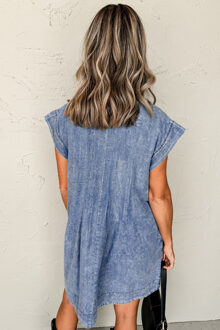 Denim Jurk Casual Tieneck Mini Donkergrijs