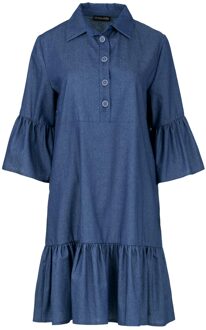 Denim Jurk met Klokmouwen en Ruches Blauw - L