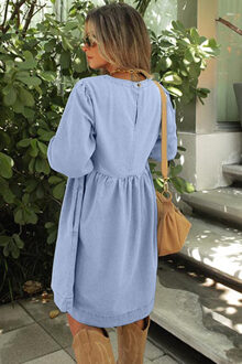 Denim Mini Jurk Vierkante Hals 34 Mouwen Lichtblauw