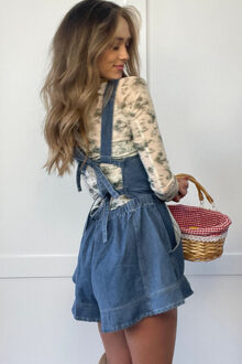 Denim Overall Shorts met Touwtjes in de Taille Blauw