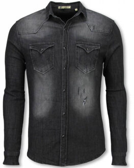 Denim Overhemd - Slim Fit Lange Mouwen Heren - Washed - Grijs - Maten: XS