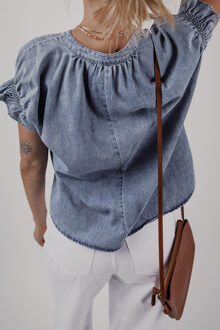 Denim V-hals Blouse Korte Mouwen Lichtblauw