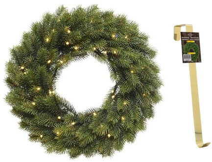 Dennenkrans 40 cm met verlichting en met gouden hanger