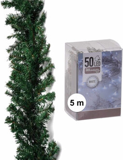 Dennenslinger/dennen guirlande groen 270 cm met helder witte verlichting - Kerstslingers