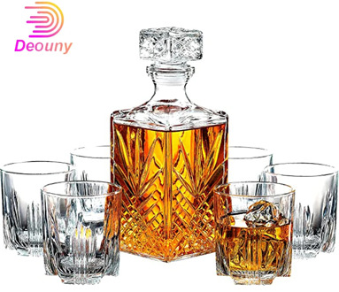 DEOUNY 0.5L&1L Crafted Glass Decanter Whisky Glasses Set Elegant Whiskey Decanter With Ornate Stopper Cocktail Barware Separator